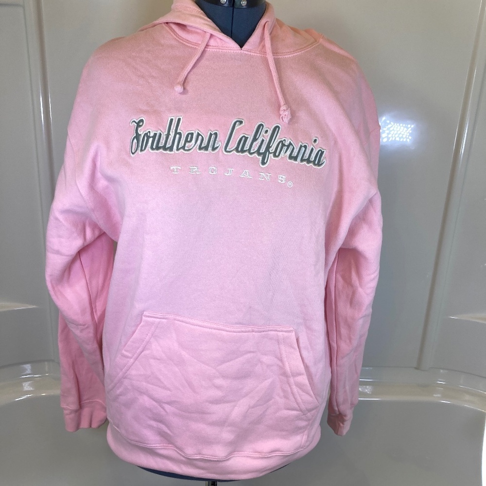 USC Trojans Hoodie Sweatshirt Pink Gray White Sz L Embroidered Logos